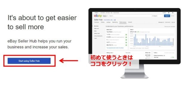 初めてセラーハブにアクセスするときに表示される画面|「Start using Seller Hub」という青いボタンがある