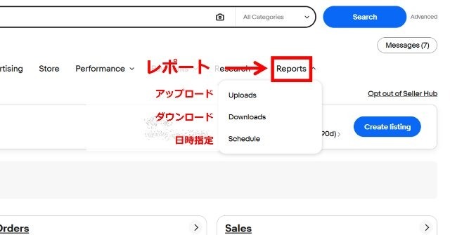 eBayセラーハブのメニュー紹介|「Report」タブの画面を表示している