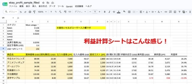 eBay利益計算シートのサンプルを紹介した画像