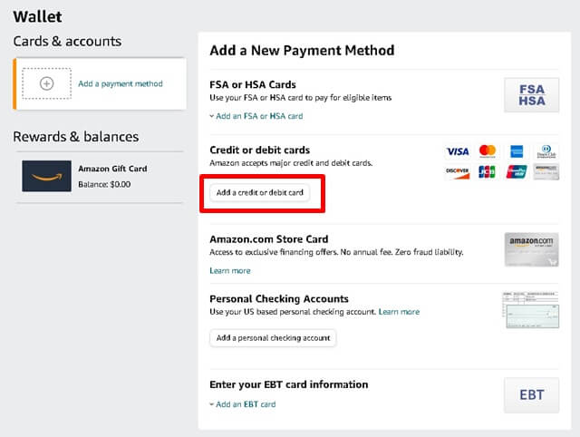 [Add a credit or debit card]で進めば、クレジットカードまたはデビットカードの登録ができます